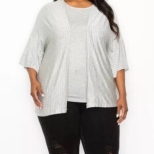 Coin 1804 Gray/White stripe ruffle sleeve Kimono, size 1X